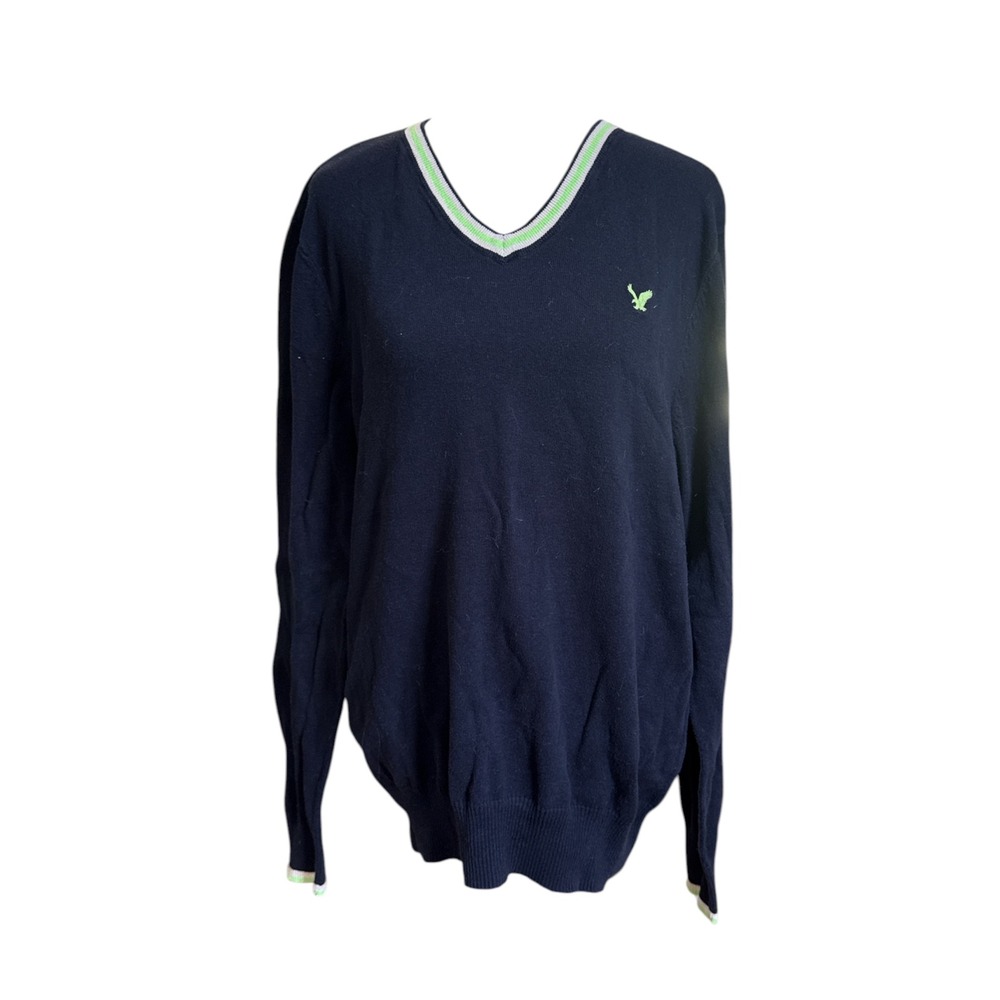 American Eagle Mens Navy Blue V-Neck Sweater Athletic Fit Eagle Logo M